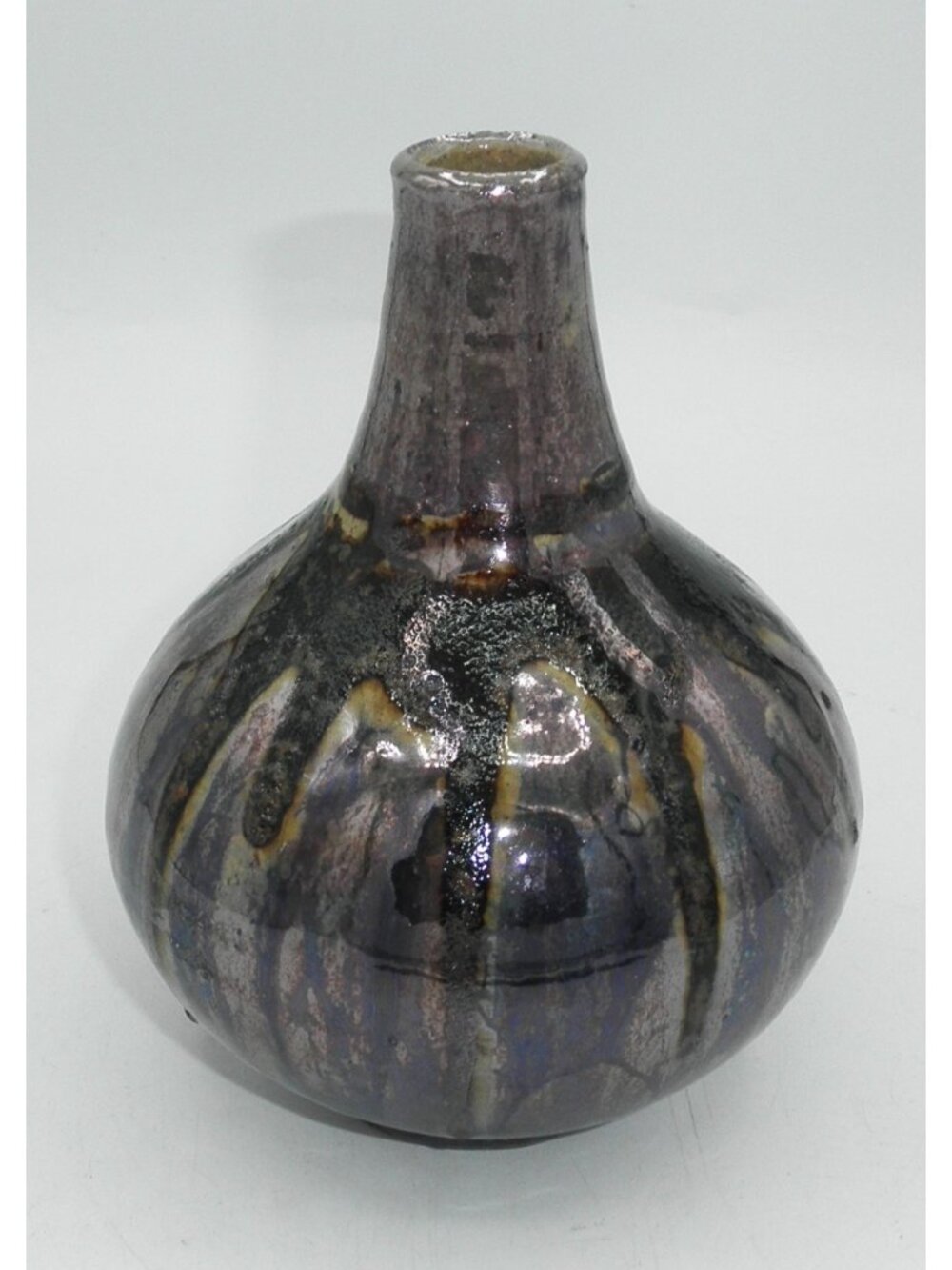 Laszlo Steiner MCM Art Pottery Single Bloom Vase Iridescent Drip Glaze Signed